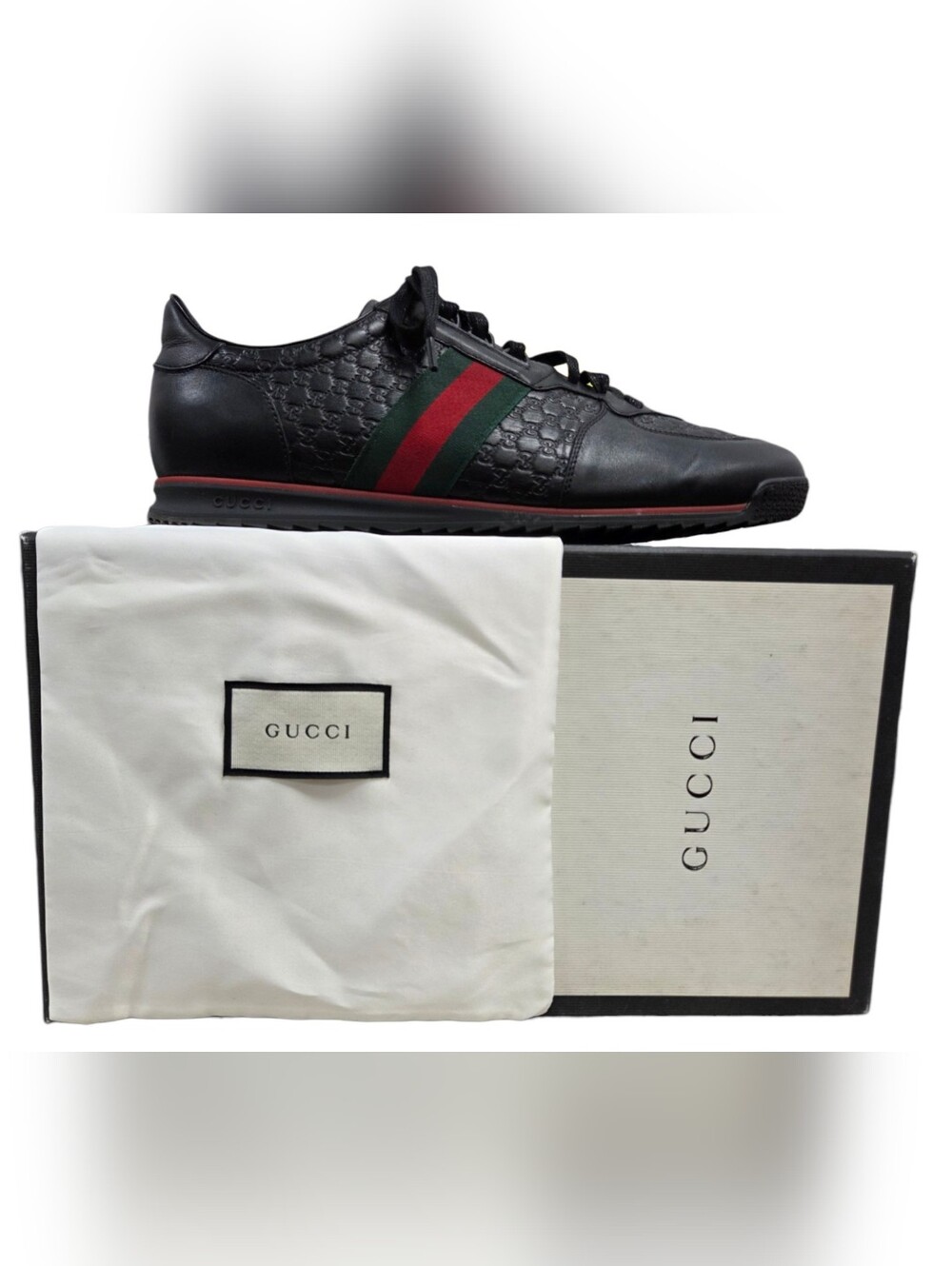 Gucci Men’s Black Leather Runner w/ Red & Green Web Stripe